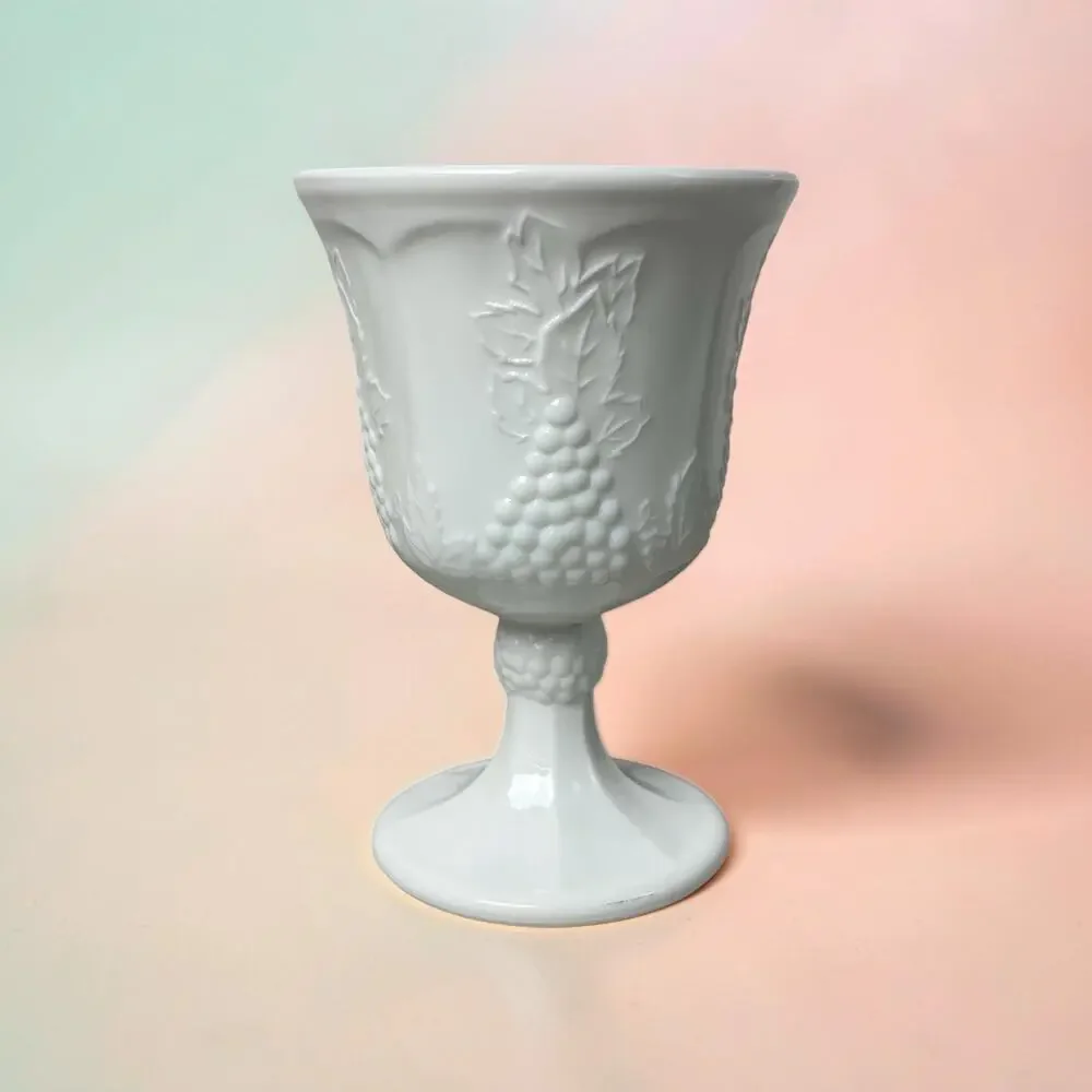 Vintage Indiana Glass Colony Harvest Grape White Milk Glass Goblet 5.25